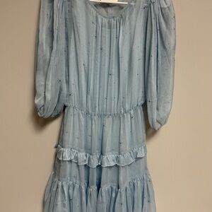 Sugarlips Light Blue Bohemian Dress with Ruffled Skirt and Billowy Sleeves